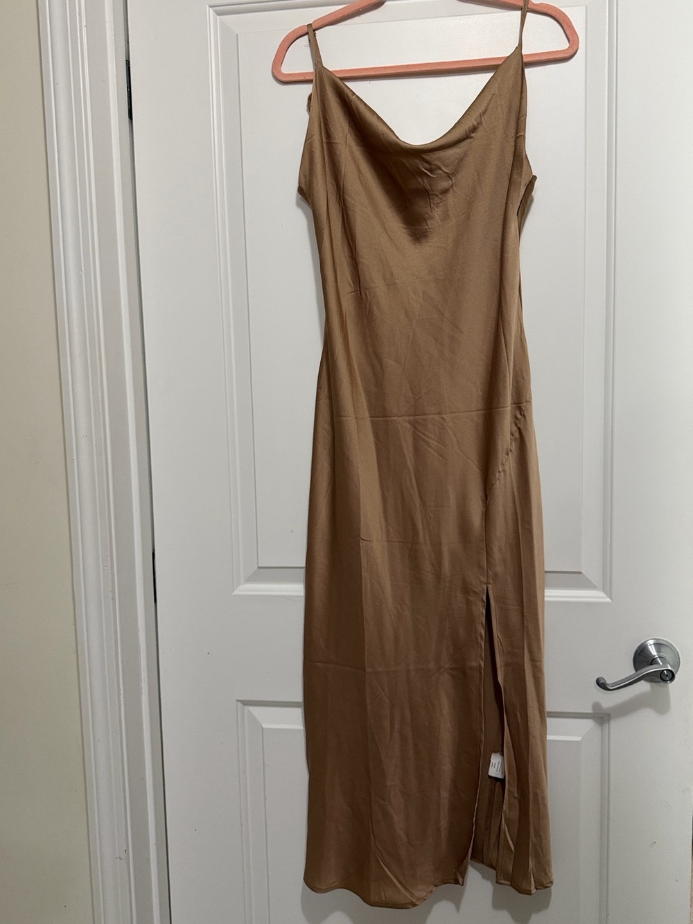 Sleeveless Cowl Neck Tan Slip Dress